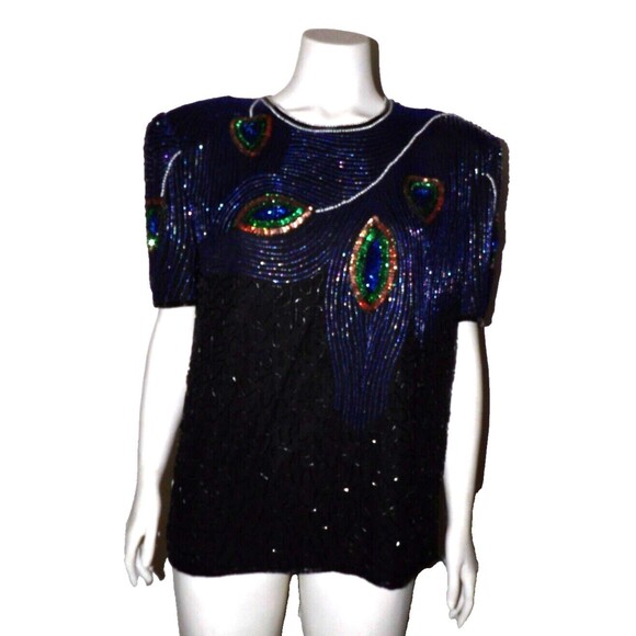 Night Vogue Sequined Beaded Top Shirt Mother of Bride Groom 100% Silk Peacock M - Picture 1 of 12